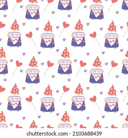 Vector seamless pattern with gnomes and heart  shaped lollipops on white. Great for fabrics,  Valentine's day  wrapping papers.