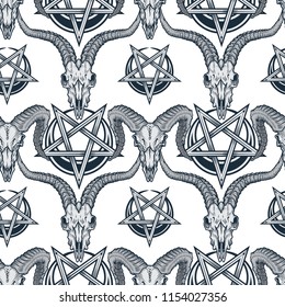 Vector seamless pattern with goat and ram skulls with illustration of stylish pentagram in engraving technique.