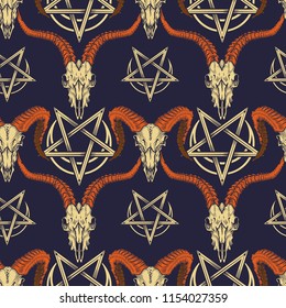 Vector seamless pattern with goat and ram skulls with illustration of stylish pentagram in engraving technique.