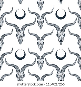 Vector seamless pattern with goat skulls illustrations in engraving technique and symbol of moon.