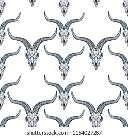 Vector seamless pattern with goat skulls illustrations in engraving technique.