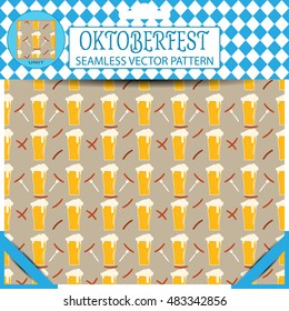 Vector seamless pattern with goblet of beer of Oktoberfest on the brown background in the package.