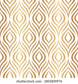 Vector seamless pattern. Gold abstract geometric background. Modern stylish floral texture. Golden lattice. Peacock feather. Bohemian design for prints. Repeating elegant flowers. Ditsy bird plumage
