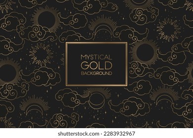 Vector seamless pattern with gold abstract sun, moon, stars and clouds isolated on black background. Mystical and mysterious Illustration for print, fabric, packaging, card, wallpaper