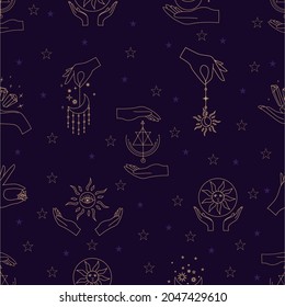 Vector seamless pattern with gold alchemy and mystic signs eye, triangles, palms, moons, stars, astrology symbols hand drawn in lines.