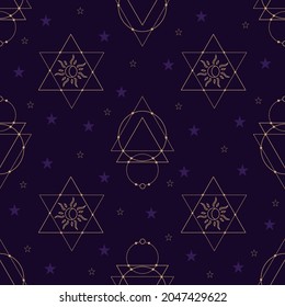 Vector seamless pattern with gold alchemy and mystic signs eye, triangles, arrows, moons, stars, astrology symbols hand drawn in lines.