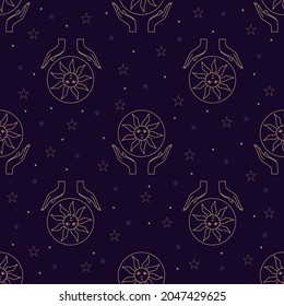 Vector seamless pattern with gold alchemy and mystic signs eye, triangles, palms, moons, stars, astrology symbols hand drawn in lines.