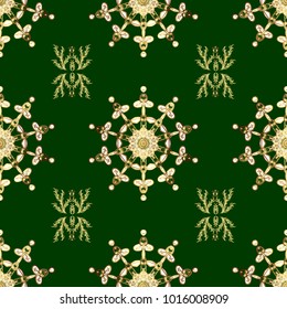 Vector seamless pattern with gold antique floral medieval decorative, leaves and golden pattern ornaments on green and yellow colors. Seamless royal luxury golden baroque damask vintage.