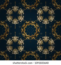 Vector seamless pattern with gold antique floral medieval decorative, leaves and golden pattern ornaments on blue, brown and yellow colors. Seamless royal luxury golden baroque damask vintage.