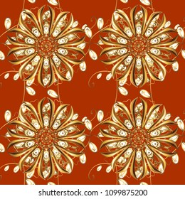 Vector seamless pattern with gold antique floral medieval decorative, leaves and golden pattern ornaments on orange, brown and beige colors. Seamless royal luxury golden baroque damask vintage.