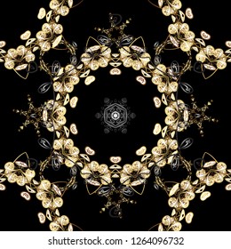 Vector seamless pattern with gold antique floral medieval decorative, leaves and golden pattern ornaments on black and beige colors. Seamless royal luxury golden baroque damask vintage.