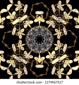 Vector seamless pattern with gold antique floral medieval decorative, leaves and golden pattern ornaments on brown and black colors. Seamless royal luxury golden baroque damask vintage.