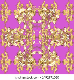 Vector seamless pattern with gold antique floral medieval decorative, leaves and golden pattern ornaments on yellow and violet colors. Seamless royal luxury golden baroque damask vintage.