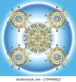 Vector seamless pattern with gold antique floral medieval decorative, leaves and golden pattern ornaments on blue and neutral colors. Seamless royal luxury golden baroque damask vintage.