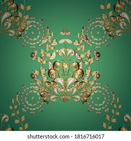 Patrón vectorial sin fisuras con decoración floral medieval dorada, hojas y adornos dorados en colores marrón y verde. La incomparable cosecha barroca del damasco dorado de lujo real.