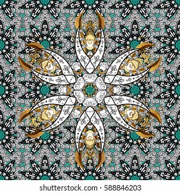 Vector seamless pattern with gold antique floral medieval decorative, leaves and white pattern ornaments on blue background. Seamless royal luxury white baroque damask vintage.