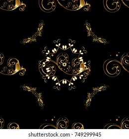Vector seamless pattern with gold antique floral medieval decorative, leaves and golden pattern ornaments on black, brown and yellow colors. Seamless royal luxury golden baroque damask vintage.