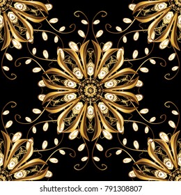 Vector seamless pattern with gold antique floral medieval decorative, leaves and golden pattern ornaments on black colors. Seamless royal luxury golden baroque damask vintage.