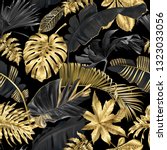 Vector seamless pattern with gold and black tropical leaves on dark background. Exotic botanical background design for cosmetics, spa, textile, hawaiian style shirt. Best as wrapping paper, wallpaper