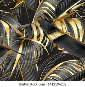 Vector seamless pattern with gold and black tropical leaves on dark background. Rainforest.