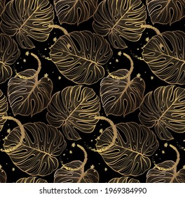 Vector seamless pattern with gold and black tropical leaves on dark background. Exotic botanical background design for cosmetics, spa, textile, hawaiian style shirt. Best as wrapping paper, wallpaper