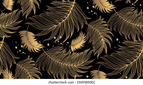 Vector seamless pattern with gold and black tropical leaves on dark background. Exotic botanical background design for cosmetics, spa, textile, hawaiian style shirt. Best as wrapping paper, wallpaper