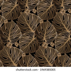 Vector seamless pattern with gold and black tropical leaves on dark background. Exotic botanical background design for cosmetics, spa, textile, hawaiian style shirt. Best as wrapping paper, wallpaper