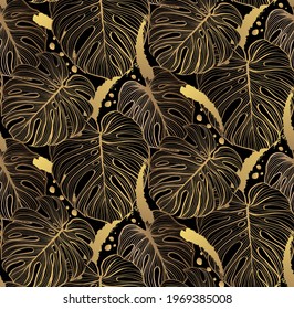 Vector seamless pattern with gold and black tropical leaves on dark background. Exotic botanical background design for cosmetics, spa, textile, hawaiian style shirt. Best as wrapping paper, wallpaper