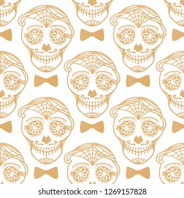 Vector Seamless pattern Gold Calavera skull with bow tie. Hand drawn Virile male design texture on white background.