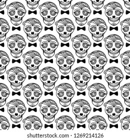 Vector Seamless pattern Gold Calavera skull. Hand drawn black Virile male design texture on white background.