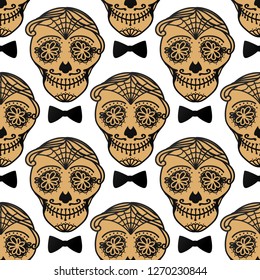 Vector Seamless pattern Gold Calavera skull with bow tie. Hand drawn male design texture on white background.