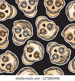 Vector Seamless pattern Gold Calavera skull. Hand drawn Virile male design texture on black background. Mexican day of the dead concept