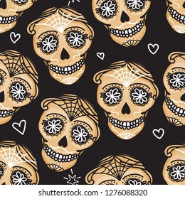 Vector Seamless pattern Gold Calavera skull. Hand drawn Virile male design texture on black background. Mexican day of the dead concept
