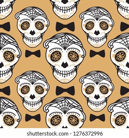 Vector Seamless pattern Gold Calavera skull with bow tie. Hand drawn Virile male design texture on black background.