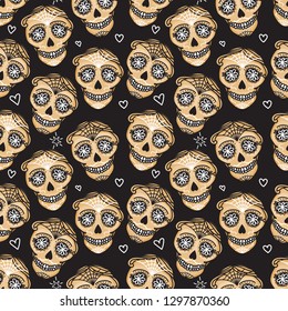 Vector Seamless pattern Gold Calavera skull. Hand drawn Virile male design texture on black background. Mexican day of the dead concept