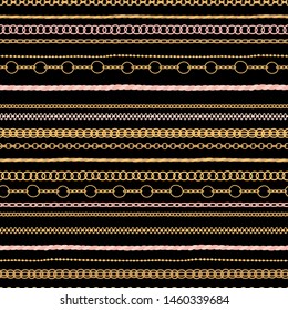 Vector seamless pattern with gold chains of various weaving on a black background. Fashionable print in a simple hand-drawing style perfect for print, fabric, packaging, wallpaper, etc.