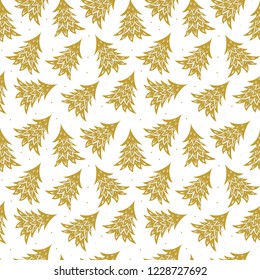 Vector Seamless Pattern With Gold Christmas Trees On White Background. Perfect For Wrapping Paper Or Fabric.
Merry Christmas Or Happy New Year.