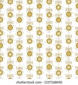 Vector seamless pattern with gold Christmas balls on white background;  vertical christmas garland for greeting card, gift box, fabric, wallpaper, package, textile, web design.