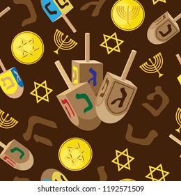 Vector seamless pattern of gold coins and tops. For the Hanukkah Holiday.