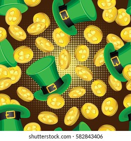 Vector seamless pattern of gold coins and hat on a halftone background