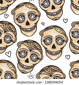 Vector Seamless pattern Gold color Calavera skull. Hand drawn Virile male design texture on white background.
