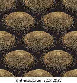 Vector seamless pattern with gold contour sunflowers on a black background. Embroidery, fantasy wallpaper, textile print, wrapping paper