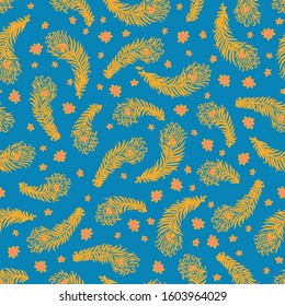 Vector seamless pattern with gold feathers and flowers on blue background for children room decor. Gender neutral nursery fabric design. Hand drawn seamless texture.