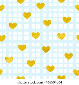 Vector seamless pattern with gold foil hearts. Background with light blue brush strokes