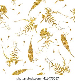 Vector seamless pattern with gold glitter and floral set isolated on white background. Seamless pattern with gold glitter for your design; fabric; postcard.