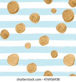 Vector seamless pattern with gold glittering falling confetti on hand drawn striped background. Allover print with streamers, tinsels and golden dust.