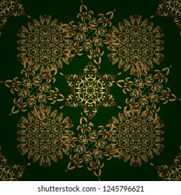 Vector seamless pattern with gold gradient on green background. Geometric ornament with golden elements. Seamless geometric pattern. Abstract geometric sketch. Golden texture.