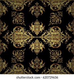 Vector seamless pattern with gold gradient on black background. Golden texture. A geometric pattern. Geometric ornament with golden elements.