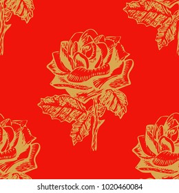 Vector of seamless pattern with gold hand drawn rose on red background
