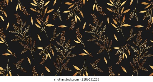 Vector seamless pattern with gold hand drawn leaves and branches isolated on black background. Engraved style design for print, fabric, invitation, brochure, card, wallpaper, packaging